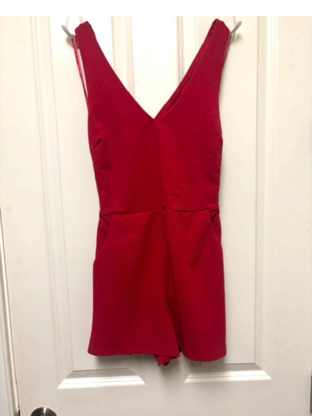 Red V-Neck Sleeveless Romper with Pockets - Women